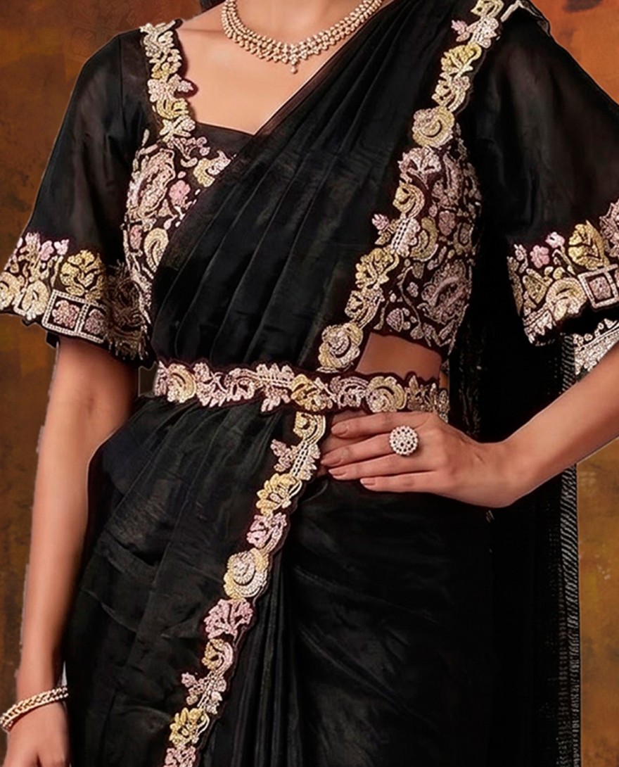 27121 - Metal Black Embroidered Wedding Party Designer Saree